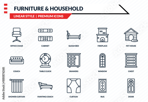furniture & household icons set - office chair, cabinet, couch, curtain, door outline vector collection.