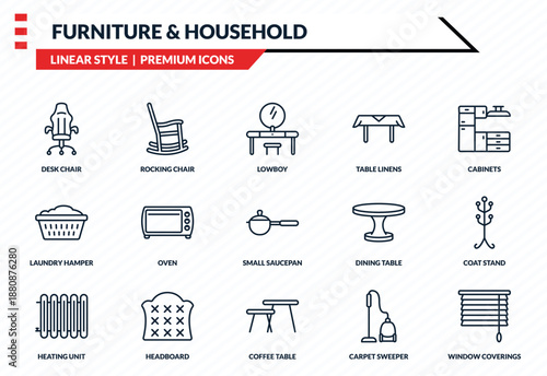 furniture & household icons set - desk chair, rocking chair, laundry hamper, coffee table, window coverings outline vector collection.