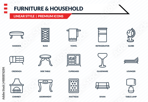 furniture & household icons set - hassock, rugs, credenza, mattress, table lamp outline vector collection.