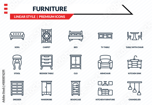 furniture icons set - sofa, carpet, stool, bookcase, chandelier outline vector collection.