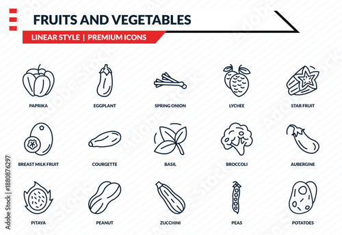fruits and vegetables icons set - paprika, eggplant, breast milk fruit, zucchini, potatoes outline vector collection.