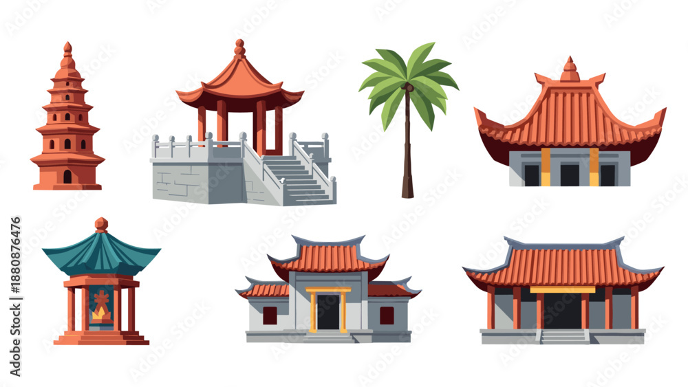 Fototapeta premium Traditional asian architecture collection: pagodas and temples with vibrant roof designs