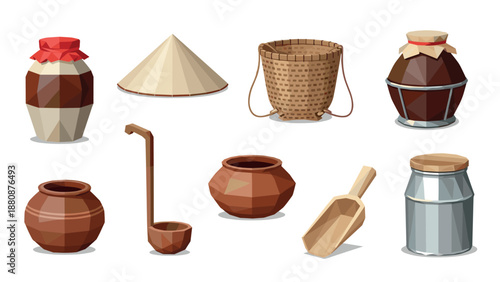 Traditional asian containers and tools in flat low poly style