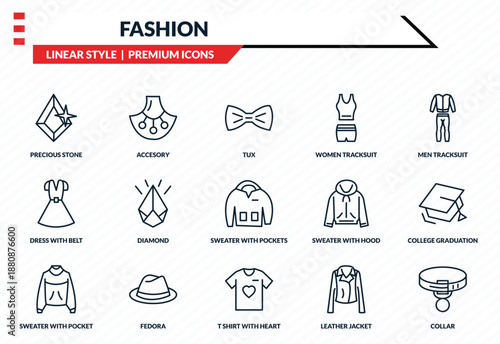 fashion icons set - precious stone, accesory, dress with belt, t shirt with heart, collar outline vector collection.
