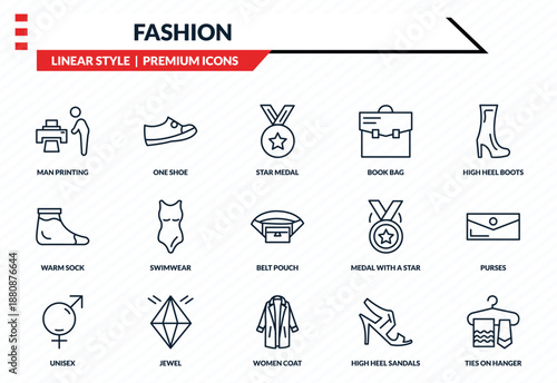 fashion icons set - man printing, one shoe, warm sock, women coat, ties on hanger outline vector collection.