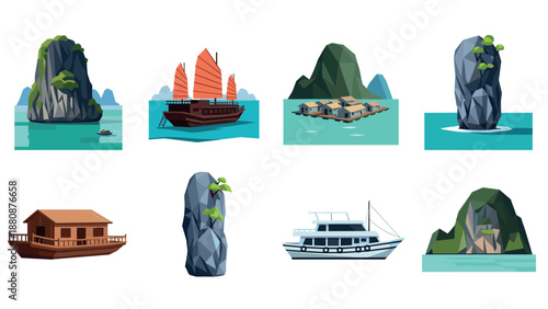 Scenic coastal icons: boats, rocks, and mountains in minimalist nature art style