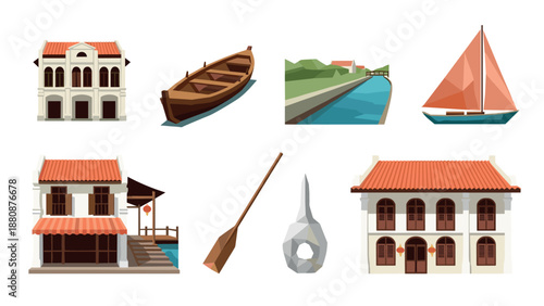 Colorful geometric buildings and boats by the river