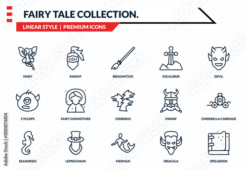 fairy tale collection. icons set - fairy, knight, cyclops, merman, spellbook outline vector collection.