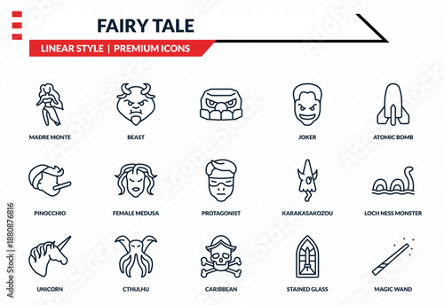 fairy tale icons set - madre monte, beast, pinocchio, caribbean, magic wand outline vector collection.