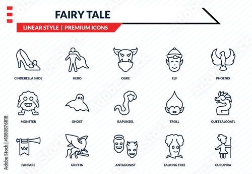 fairy tale icons set - cinderella shoe, hero, monster, antagonist, curupira outline vector collection.