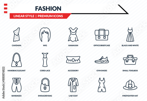 fashion icons set - caveman, wig, handbag elegant de, lab coat, firefighter hat outline vector collection.