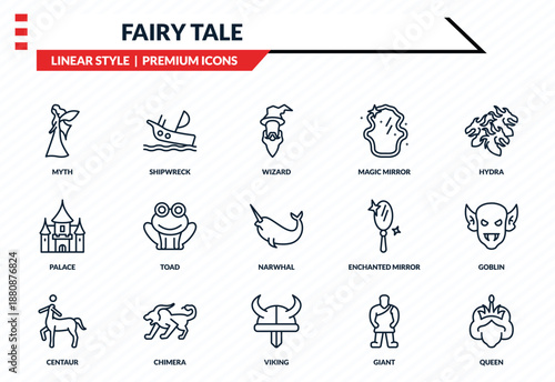fairy tale icons set - myth, shipwreck, palace, viking, queen outline vector collection.