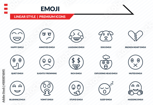 emoji icons set - happy emoji, annoyed emoji, quiet stupid hugging outline vector collection.