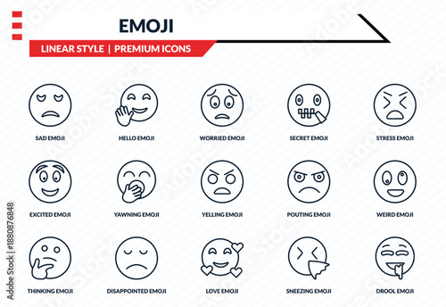 emoji icons set - sad emoji, hello emoji, excited love drool outline vector collection.