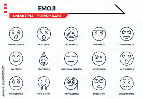 emoji icons set - surprised emoji, dizzy emoji, smile monocle disgusted outline vector collection.