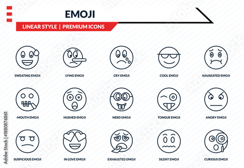 emoji icons set - sweating emoji, lying emoji, -mouth exhausted curious outline vector collection.