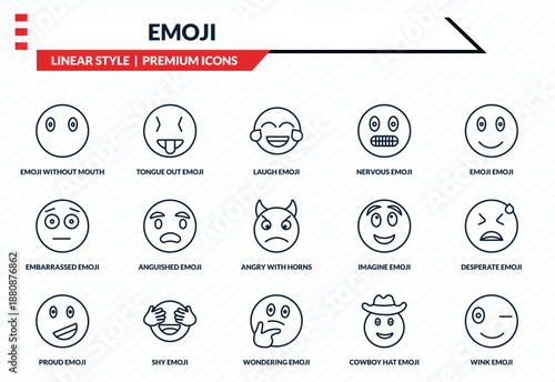 emoji icons set - emoji without mouth, tongue out emoji, embarrassed wondering wink outline vector collection.