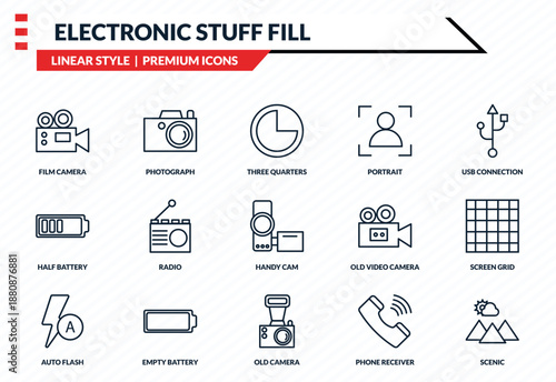 electronic stuff fill icons set - film camera, photograph, half battery, old camera, scenic outline vector collection.