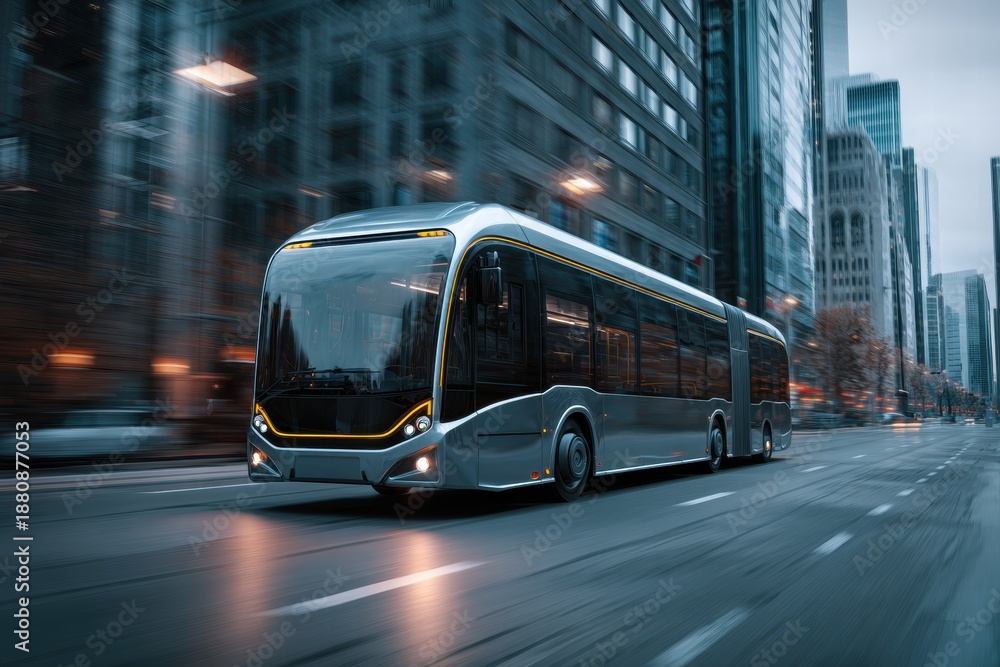 Fototapeta premium Sleek Bus Travels Down City Street, Reflecting Modern Urban Transport