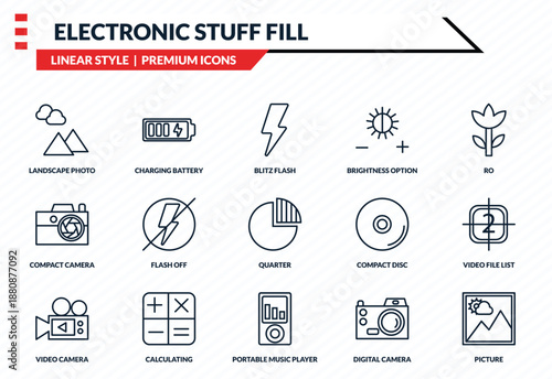 electronic stuff fill icons set - landscape photo, charging battery, compact camera, portable music player, picture outline vector collection.