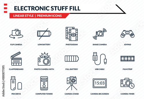 electronic stuff fill icons set - flip camera, low battery, clapperboard, camera stand, camera timer outline vector collection.