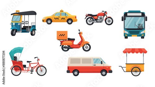 Urban transportation: diverse modes of city travel depicted in flat illustration style