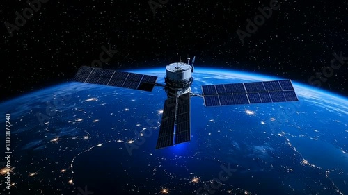 Satellite in orbit around Earth with solar panels deployed in space