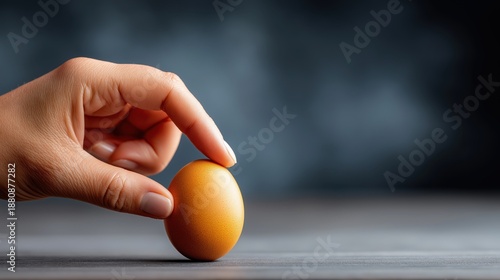 A human hand delicately holds a single brown egg upright on a dark surface. Minimalist concept of fragility and balance with copy space