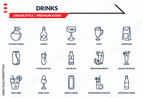 drinks icons set - coconut drink, liquor, , energy drink, lime rickey drink outline vector collection.