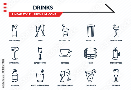 drinks icons set - pint of beer, toast, manhattan, glasses with wine, absinthe outline vector collection.