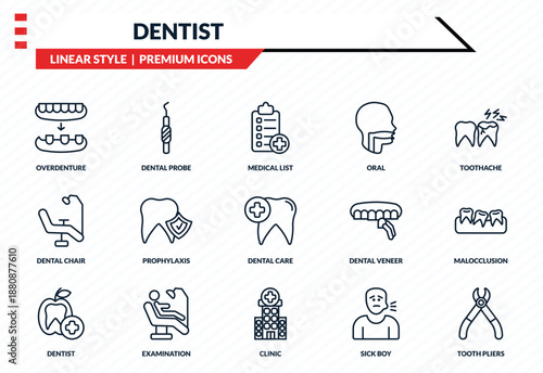 dentist icons set - overdenture, dental probe, dental chair, clinic, tooth pliers outline vector collection.