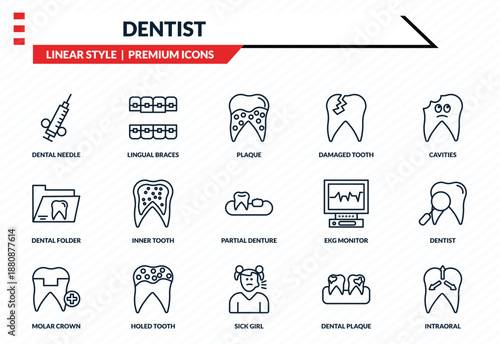 dentist icons set - dental needle, lingual braces, dental folder, sick girl, intraoral outline vector collection.