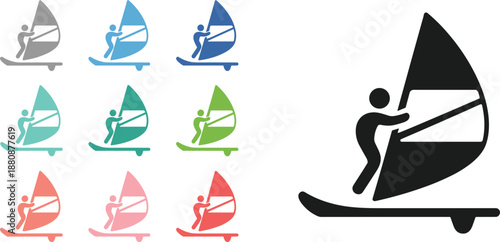 Windsurfing icons in multiple colors and a large black silhouette sport water sport