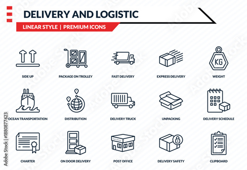 delivery and logistic icons set - side up, package on trolley, ocean transportation, post office, clipboard outline vector collection.