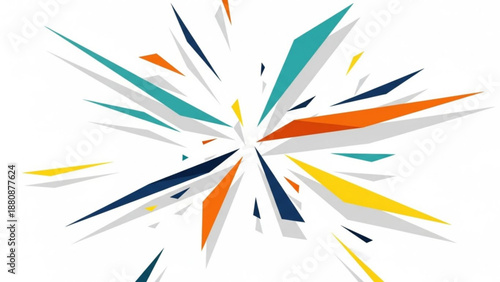 Dynamic burst of angular shards creates a vibrant explosion effect symbolizing energy and innovation with sharp lines and contrasting colors on a clean white backdrop for modern
