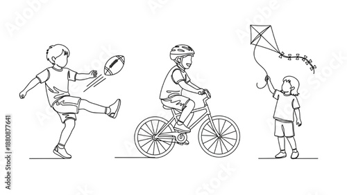 High-quality black continuous line art of a child playing football, kid riding a bicycle, child flying a kite, outdoor play and childhood activity illustration