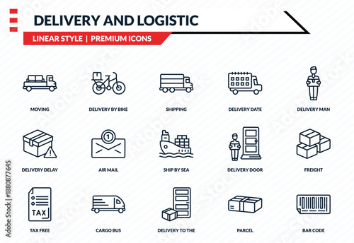 delivery and logistic icons set - moving, delivery by bike, delivery delay, to the door, bar code outline vector collection.