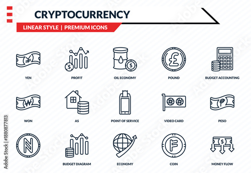 cryptocurrency icons set - yen, profit, won, economy, money flow outline vector collection.