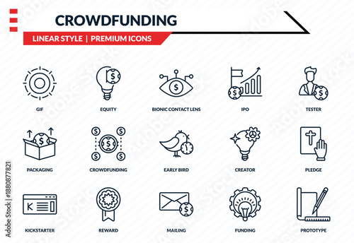 crowdfunding icons set - gif, equity, packaging, mailing, prototype outline vector collection.