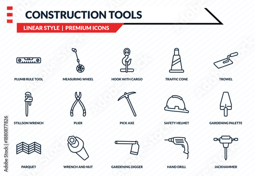 construction tools icons set - plumb rule tool, measuring wheel, stillson wrench, gardening digger, jackhammer outline vector collection.