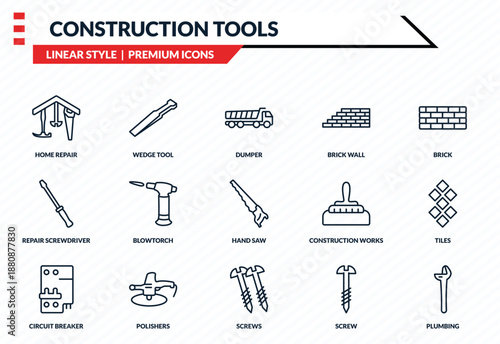 construction tools icons set - home repair, wedge tool, repair screwdriver, screws, plumbing outline vector collection.