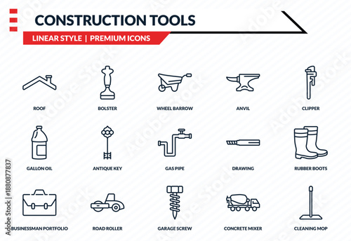 construction tools icons set - roof, bolster, gallon oil, garage screw, cleaning mop outline vector collection.