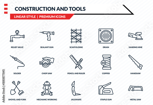 construction and tools icons set - relief valve, sealant gun, solder, jackknife, metal saw outline vector collection.