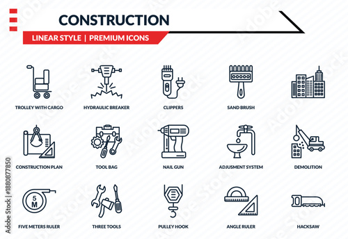 construction icons set - trolley with cargo, hydraulic breaker, construction plan, pulley hook, hacksaw outline vector collection.