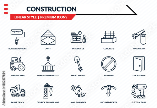 construction icons set - roller and paint, joist, steamroller, angle grinder, electric drill outline vector collection.