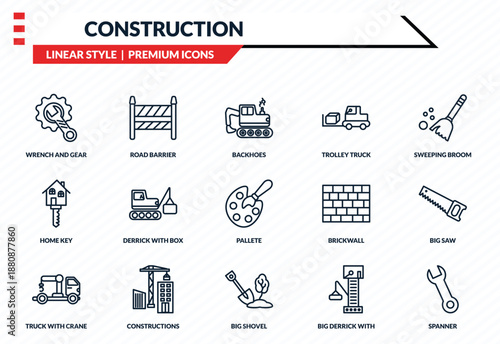construction icons set - wrench and gear, road barrier, home key, big shovel, spanner outline vector collection.