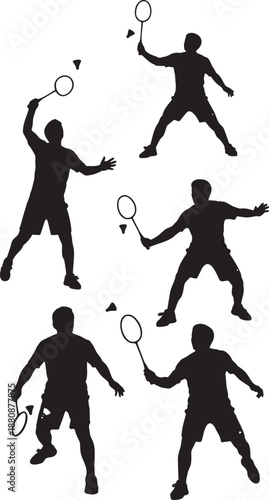 badminton player silhouette poses set showing smash serve and movement actions
