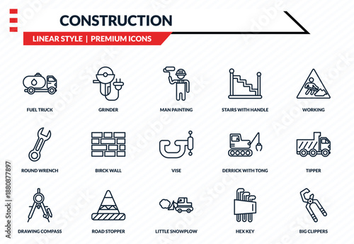 construction icons set - fuel truck, grinder, round wrench, little snowplow, big clippers outline vector collection.