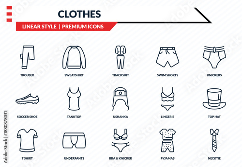 clothes icons set - trouser, sweatshirt, soccer shoe, bra & knicker, necktie outline vector collection.
