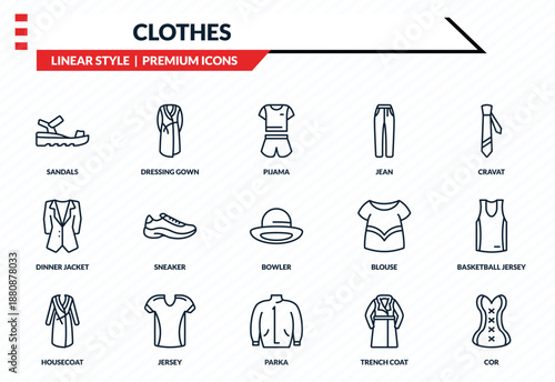 clothes icons set - sandals, dressing gown, dinner jacket, parka, cor outline vector collection.